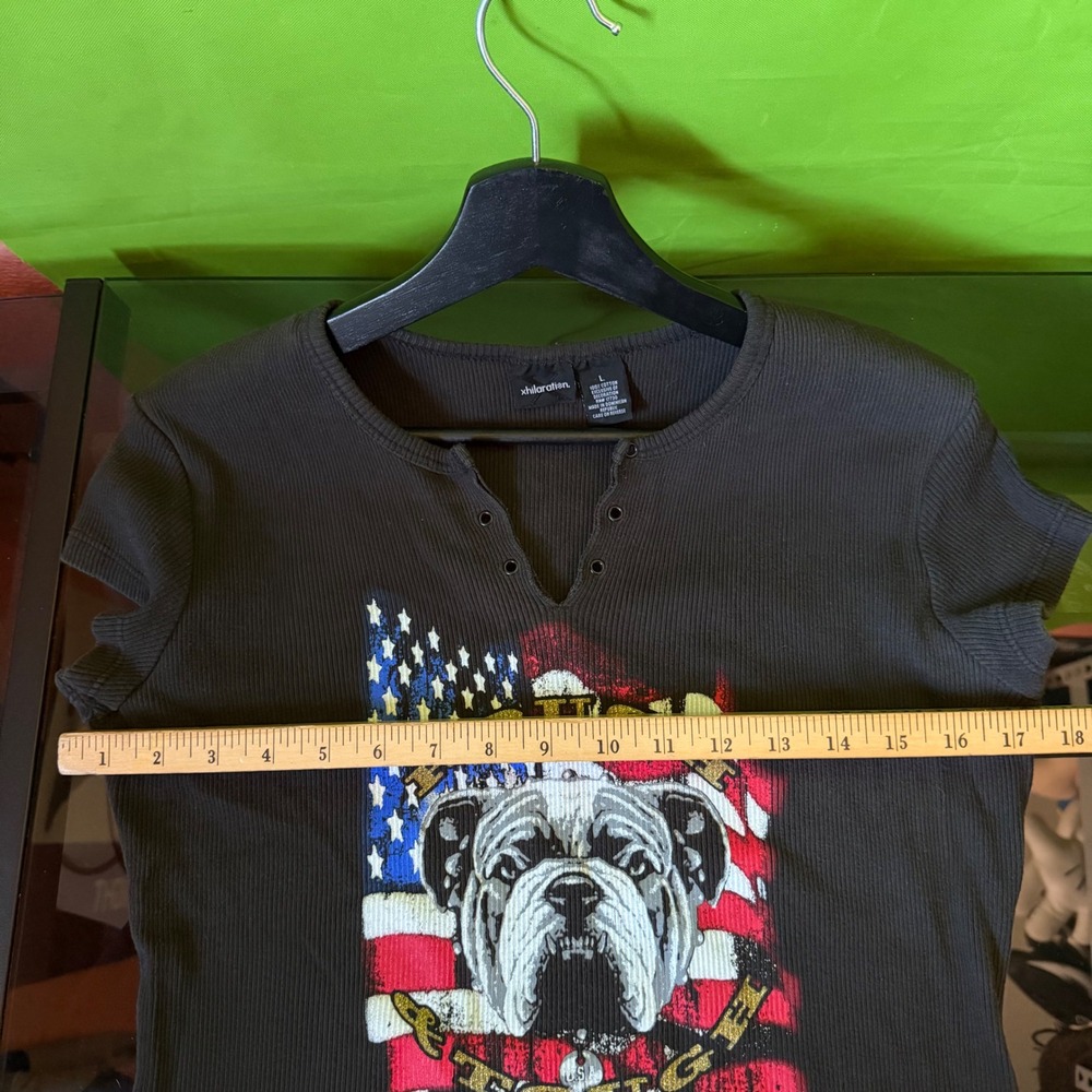 90s VTG Xhilaration Women Ribbed Henley Tee Bulldog Dog American Flag Gray Large - Picture 4 of 5